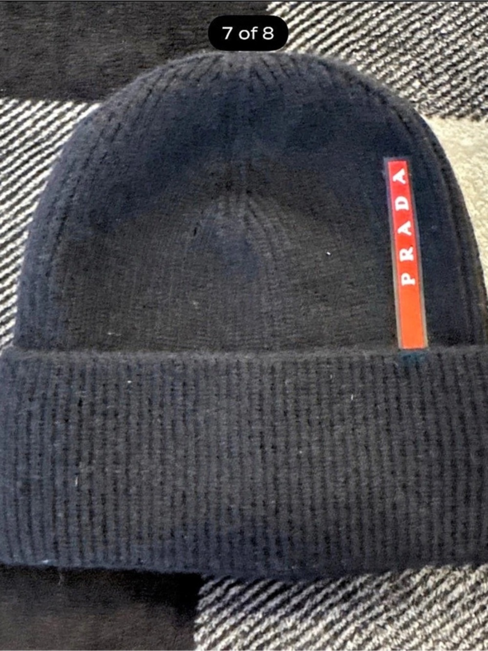 Prada Ribbed Knit Beanie with Red Tab Logo Black
